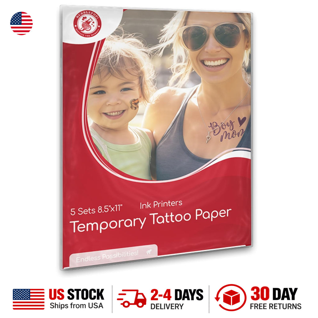 Temporary Tattoo Paper for Inkjet Printer - Skin Safe, Water Resistant 8.5x11 (5 Sheets) - DIY Fun
