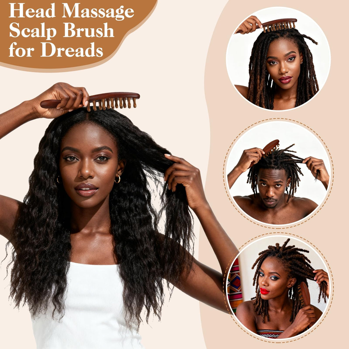 Wooden Scalp Massager Tool & Dreadlock Comb Set - Long Handle, 3 Pack