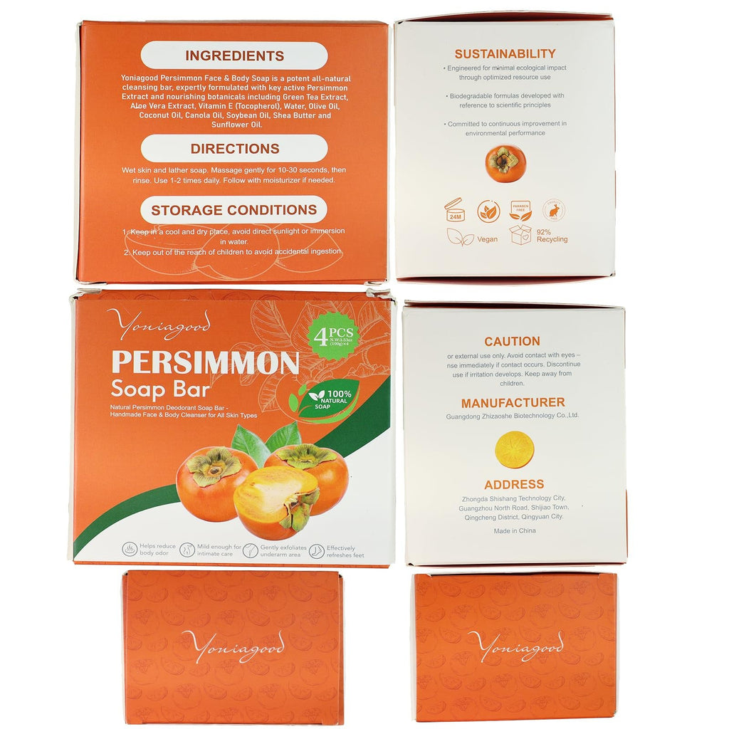 Persimmon Deodorizing Soap Bar – 4 Pack for All Skin Types, Multifunction Face, Body & Hands