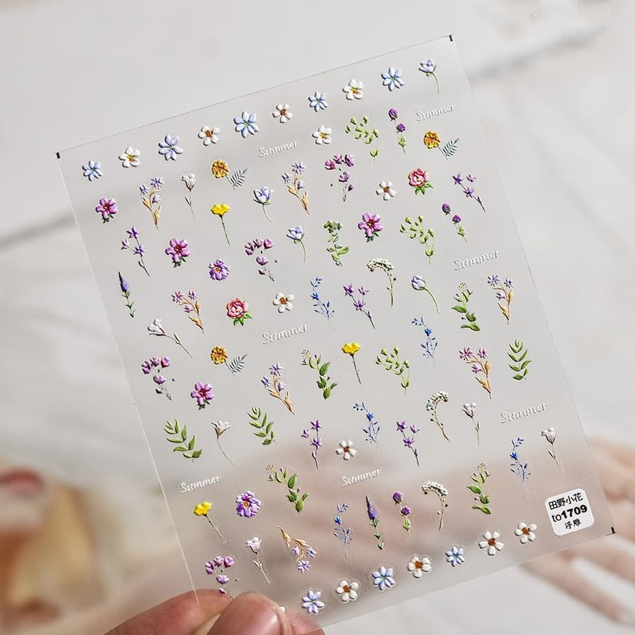 Summer Floral Nail Stickers - 3D Embossed Self-Adhesive Decals for Nails