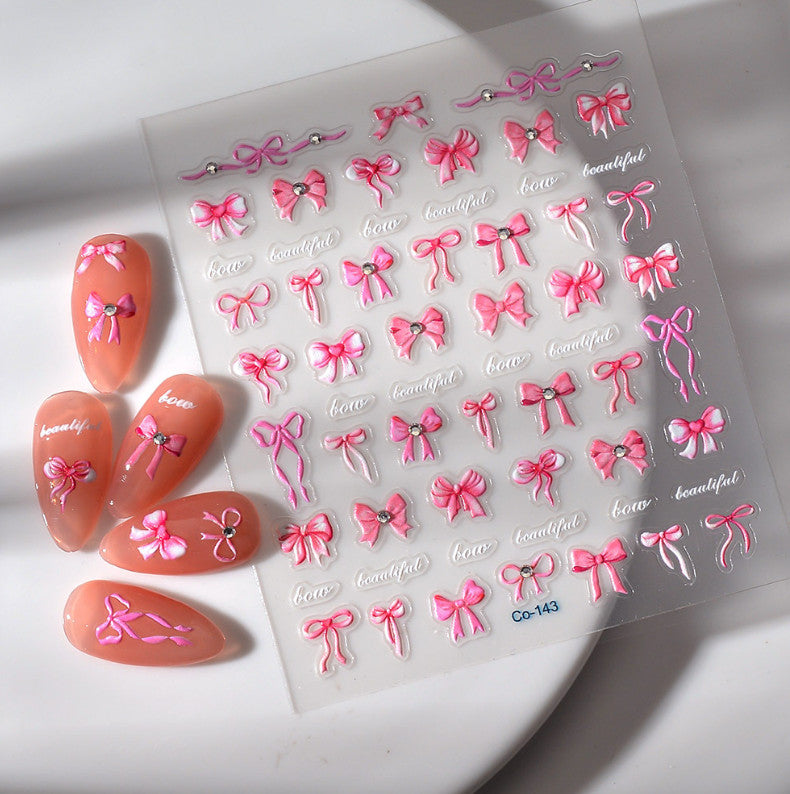 Pink Bowknot Nail Art Stickers - 1 Sheet Embossed Decor for Natural & Artificial Nails