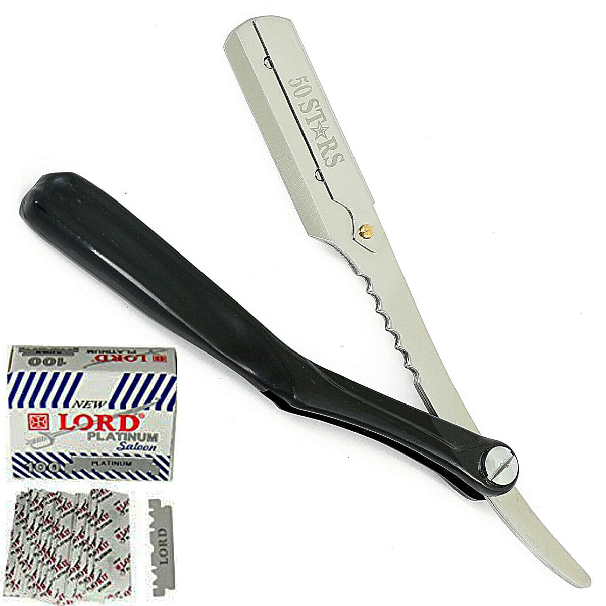 Professional Barber Straight Razor Kit with 100 Blades - Stainless Steel & Black Handle