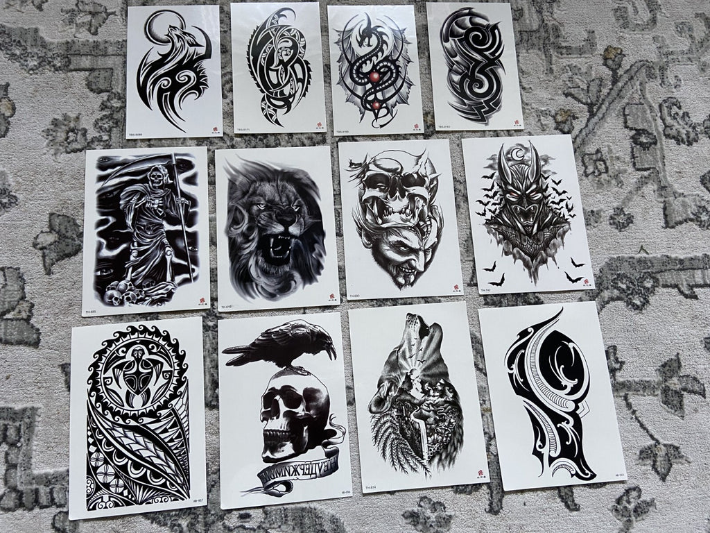 12 Sheets Temporary Tattoos Gothic Skull Wolf Demon Arm Body Art Set