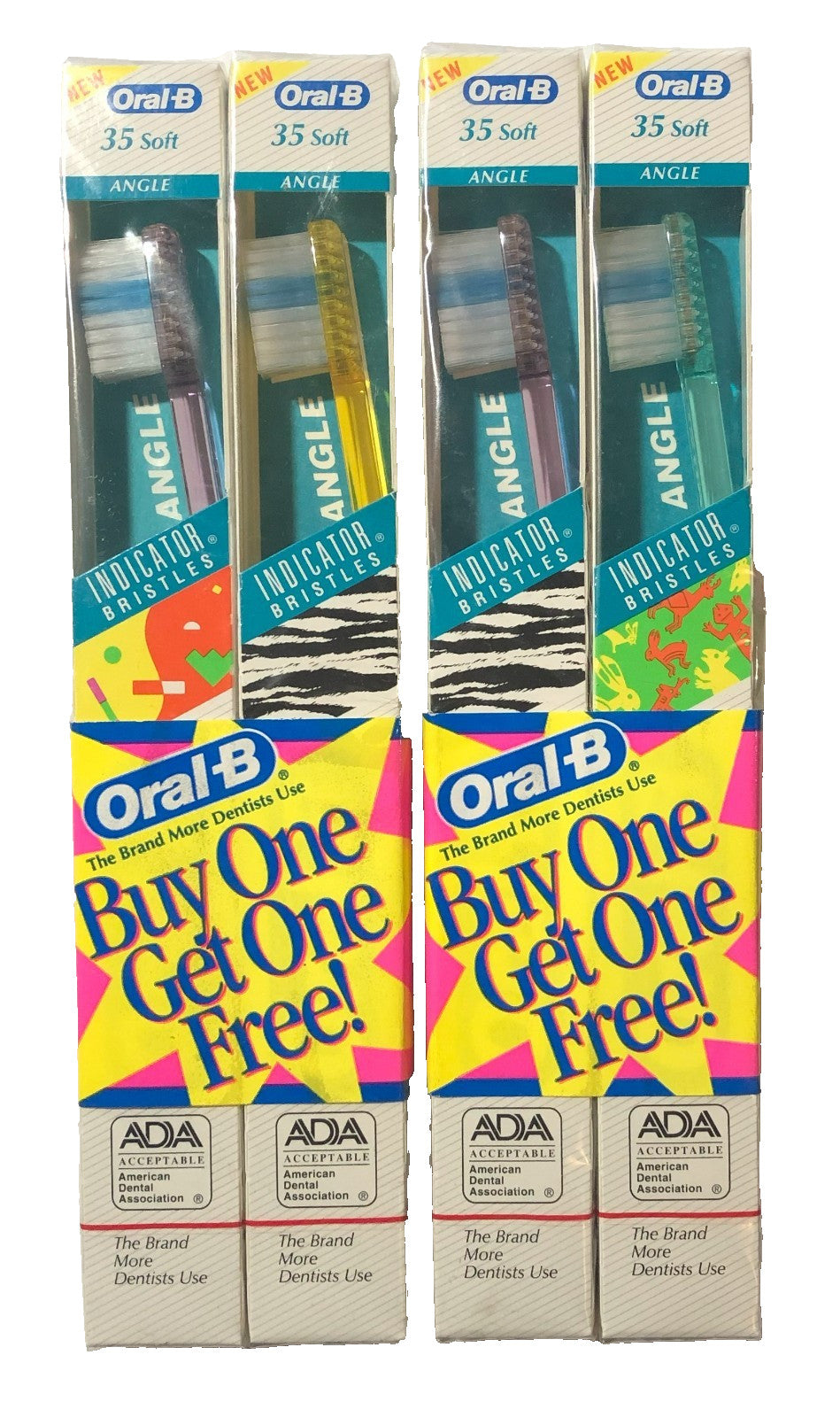 4 Pack Soft Bristle Angle Toothbrushes with Indicator - Vintage 1993 Oral-B