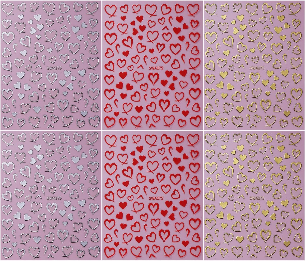 Heart Nail Stickers for Nail Art, 6 Sheets Valentine 3D Self-Adhesive Decals