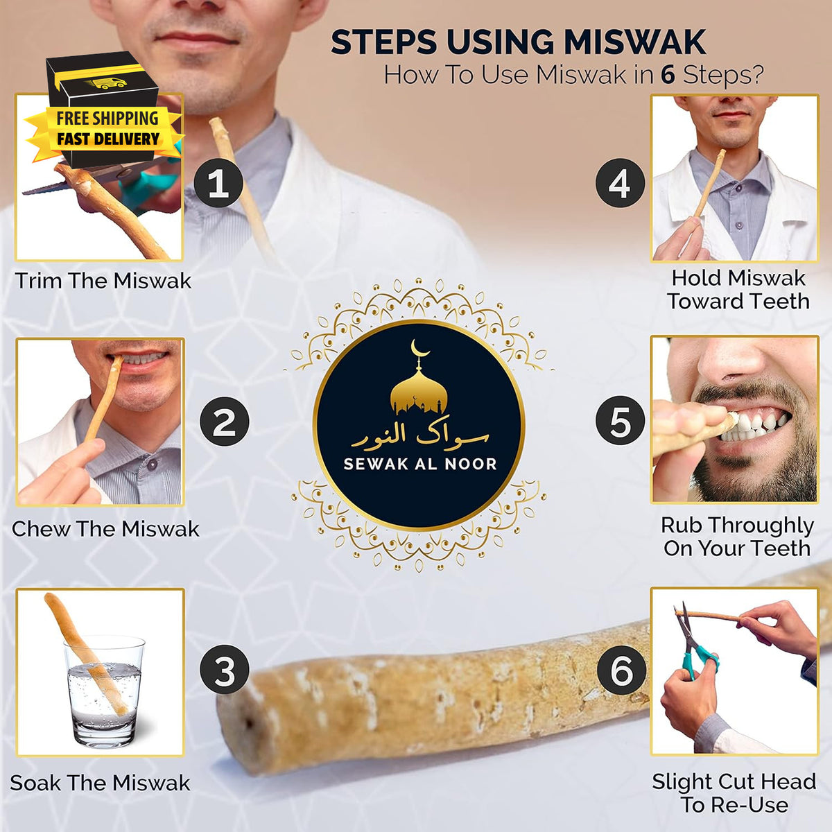 Natural Miswak Tooth Sticks with Holder - Pack of 5, Oral Hygiene & Whitening