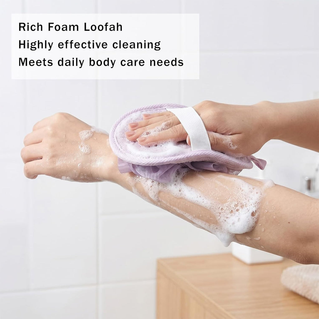 Exfoliating Shower Puff with Elastic Hand Strap 2 Pack Travel Loofah