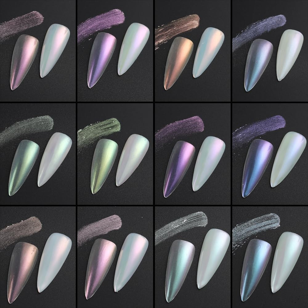 Mermaid Chrome Nail Powder Set - 12 Iridescent Aurora Holographic Colors for Manicures