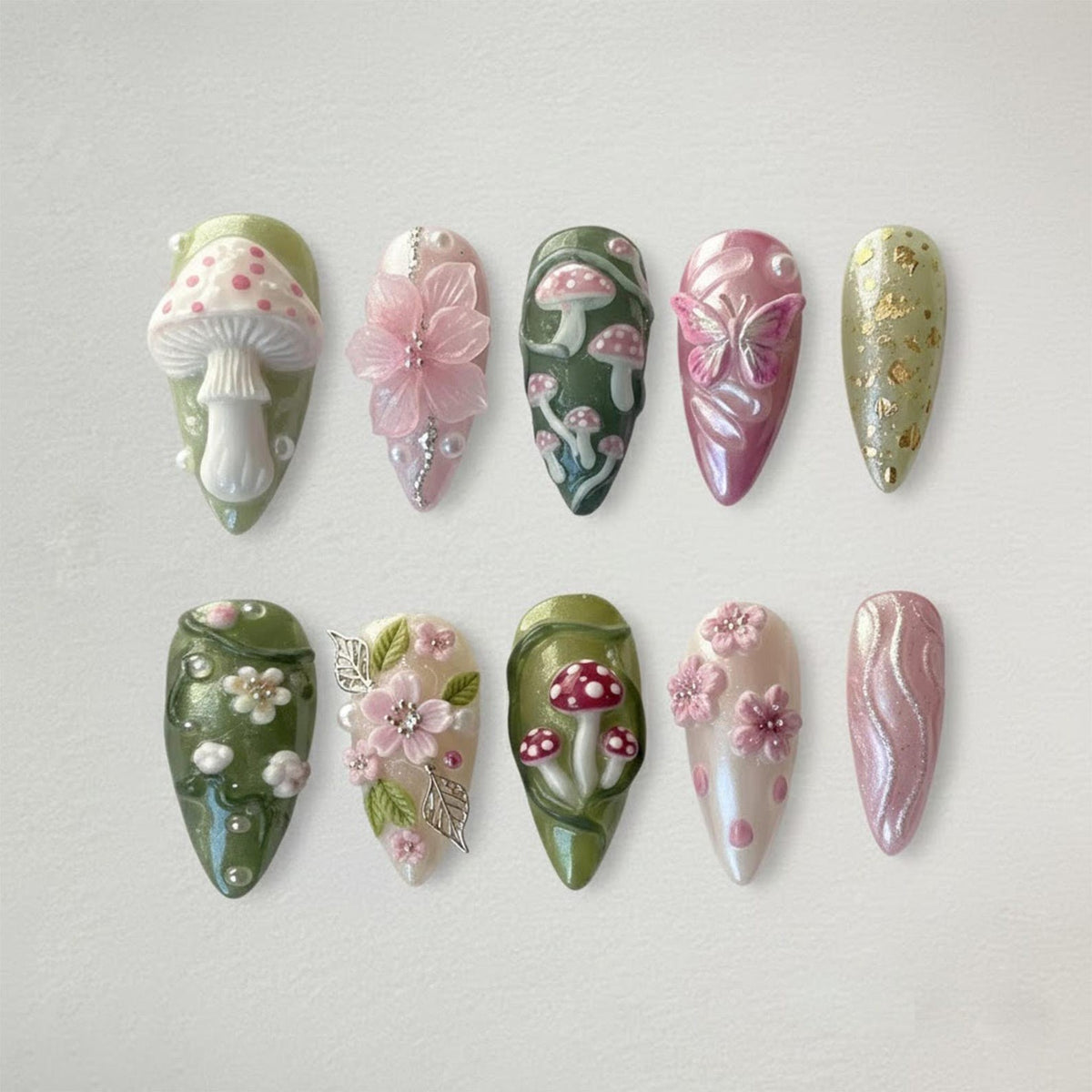 Fairy Garden 3D Mushroom Butterfly Press-On Nails with Charms - Woodland Fantasy Set