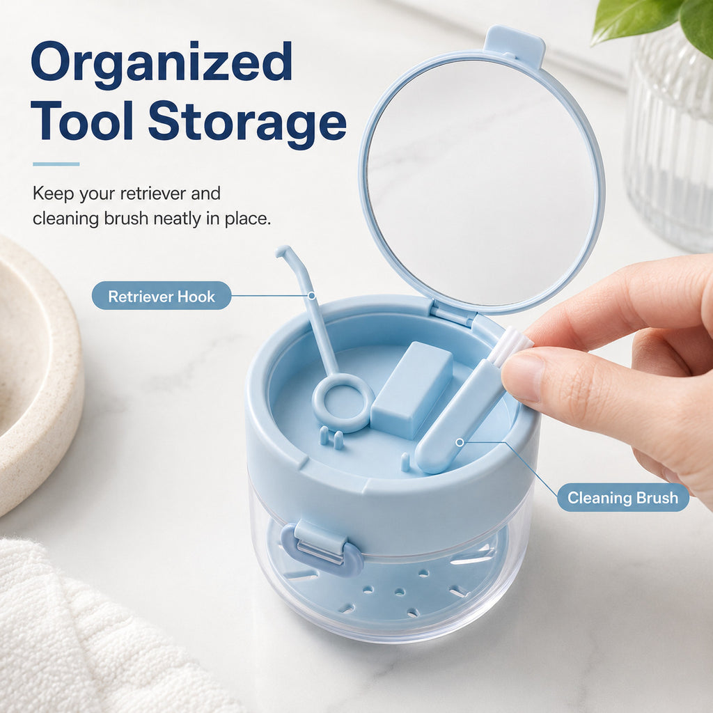 3-in-1 Denture Cleaner Case with Mirror & Cleaning Tools - Portable Leak-Proof Storage