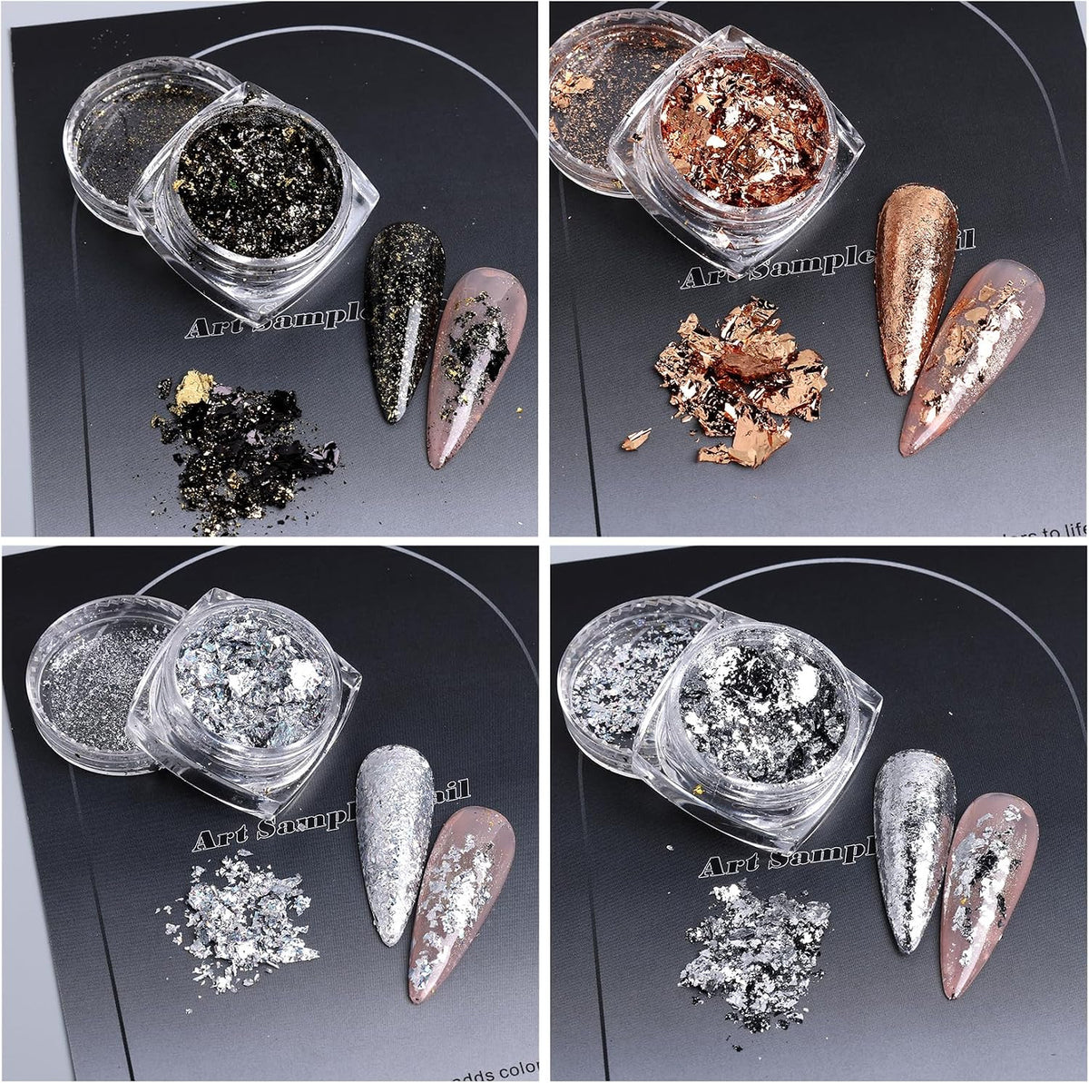 Gold Flakes Nail Glitter Foils Set - Metallic Gold Silver Black Rose Gold for Nail Art