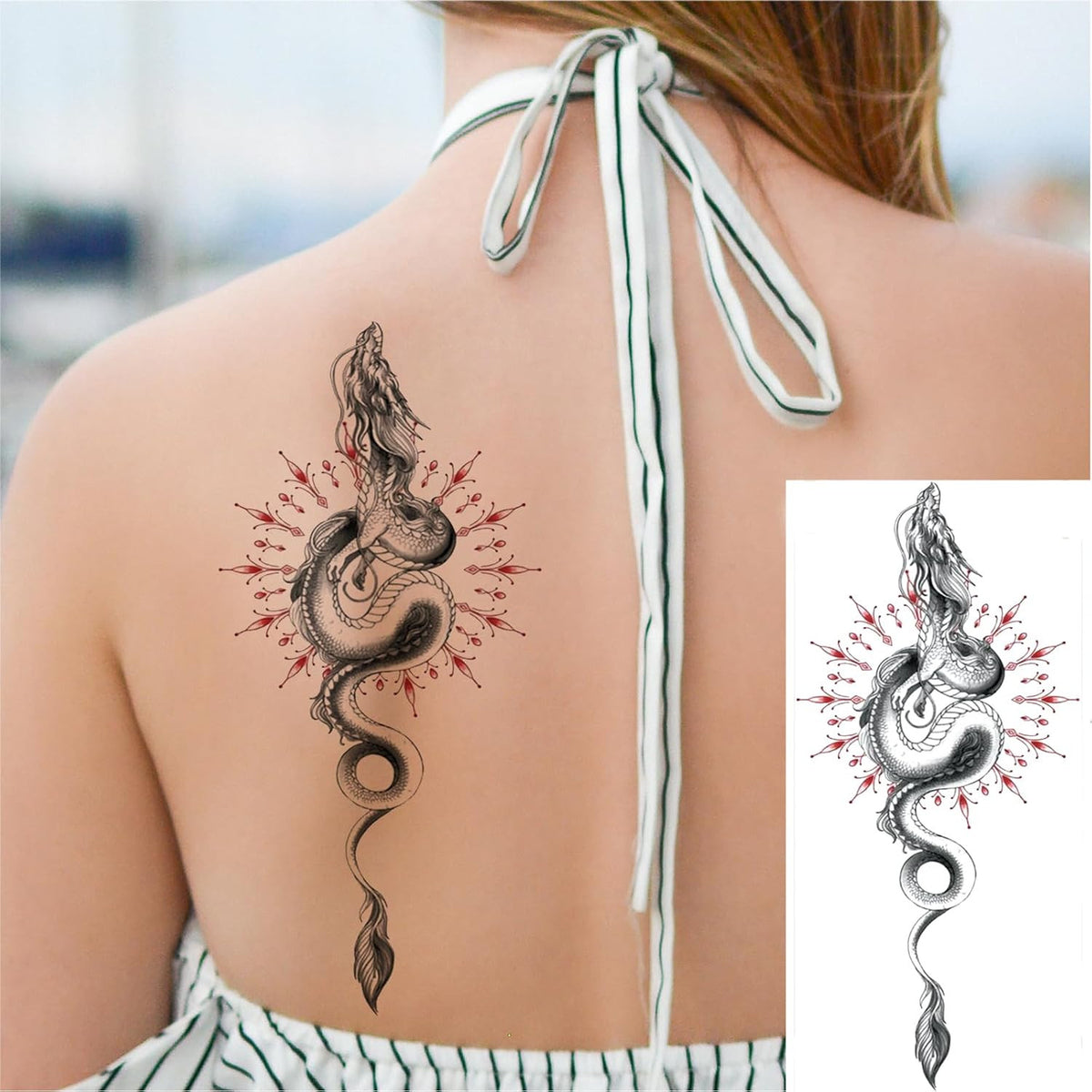 10 Sheet Realistic Chinese Floral Dragon Temporary Tattoo for Women