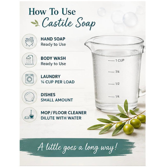 Organic Castile Liquid Soap 64 Fl Oz - Multi-Use, Unscented, Vegan & Eco-Friendly