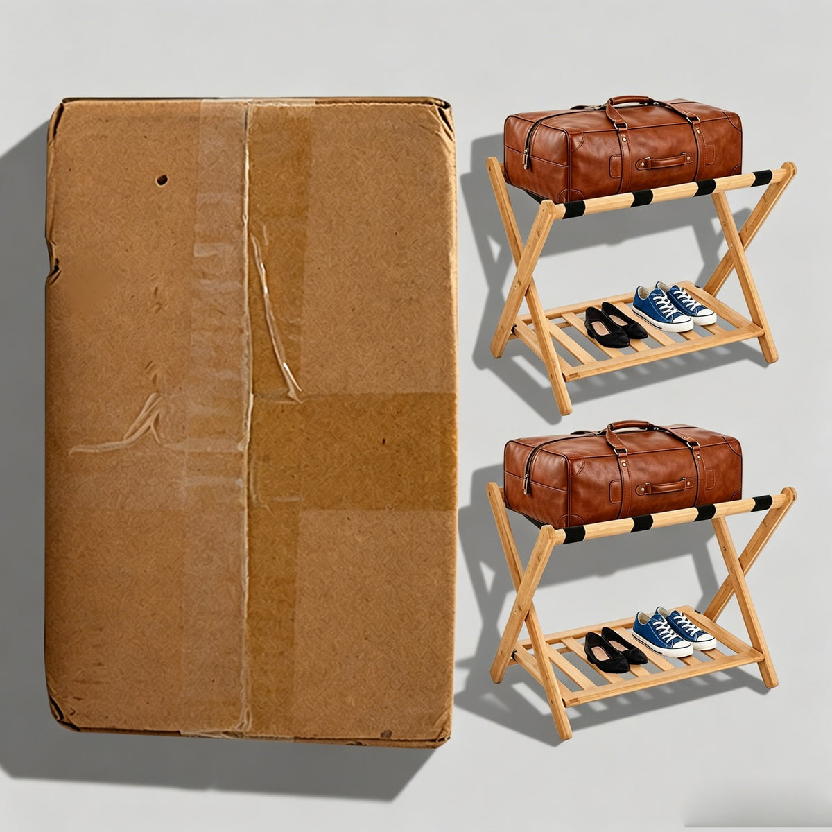 Foldable Wooden Luggage Rack with Dual-Tier Design for Hotel & Home