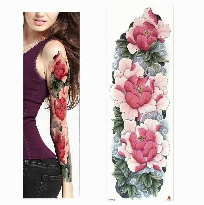 Full Arm Temporary Tattoos Set - Peony Flower Sleeve Stickers, 18 Inches