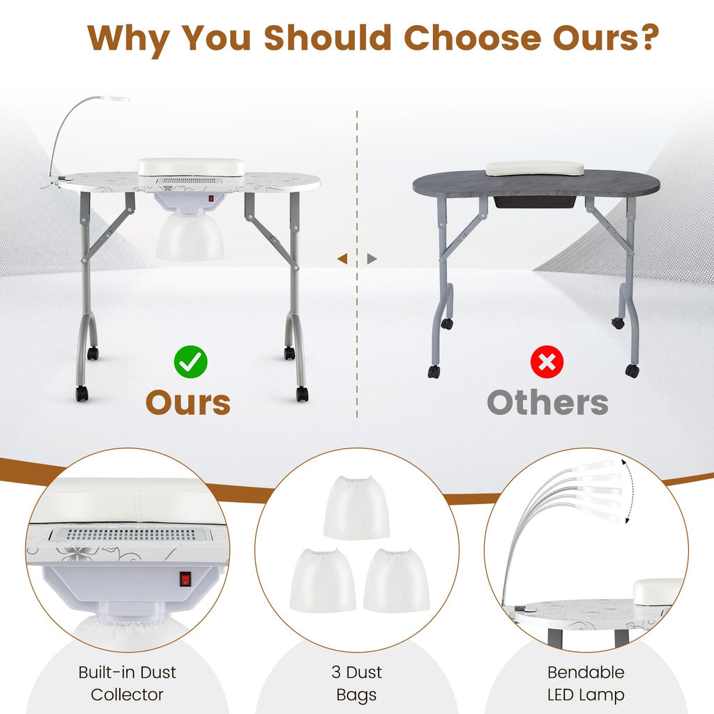 Folding Manicure Nail Table with Wheels, Electric Dust Collector & LED Lamp