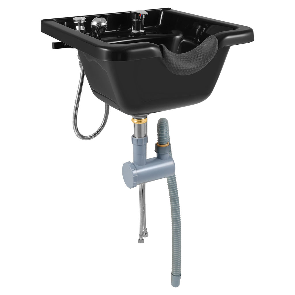 Wall Mounted Shampoo Bowl with Faucet Spray P-Trap Salon Sink Black ABS