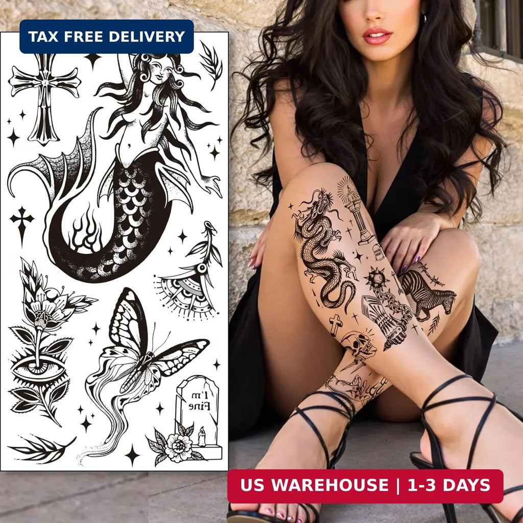Large Black Traditional Temporary Tattoos for Adults – 12 Sheets
