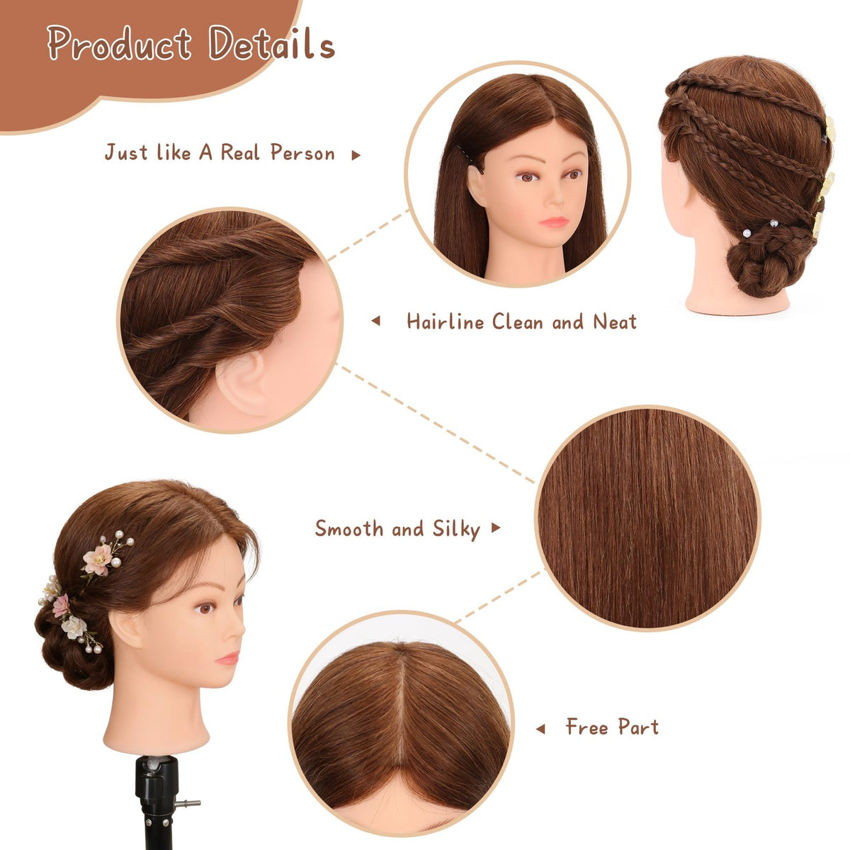 Real Human Hair Mannequin Head for Hair Styling Practice 22-24 Inches Dark Brown