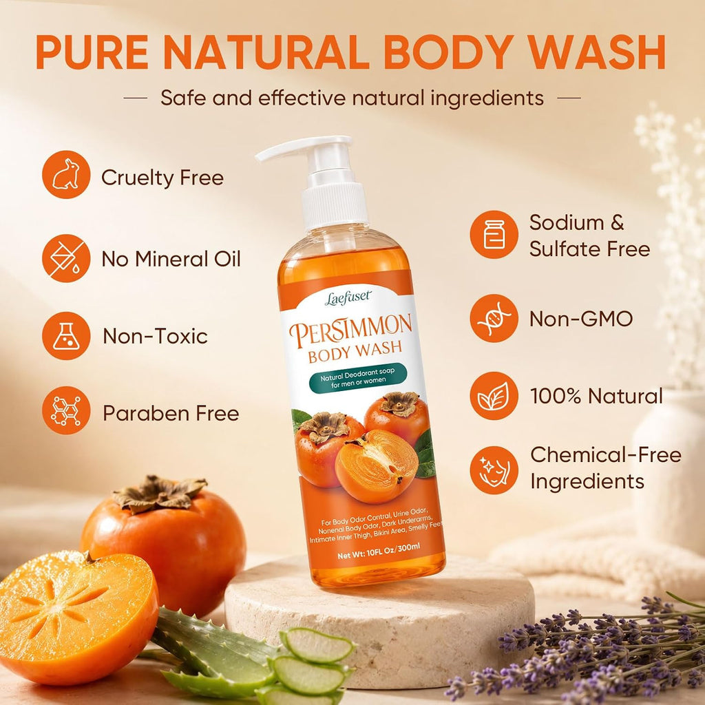 Persimmon Body Wash for Body Odor Control - Gentle Deodorant Shower Gel 10 Fl Oz