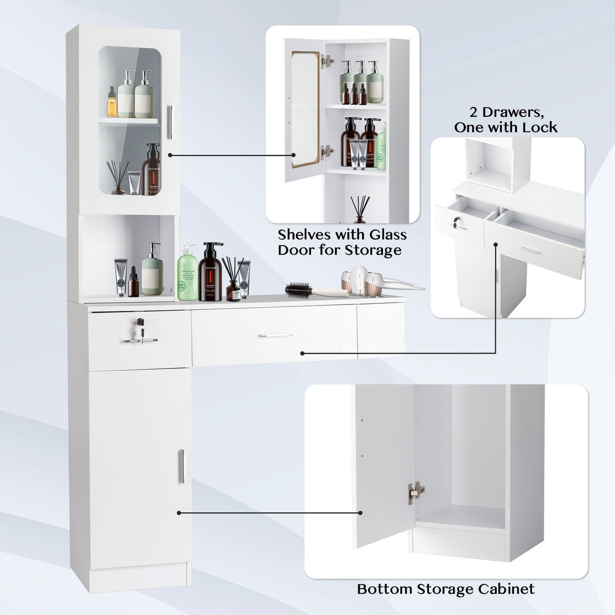 Salon Station Barber & Beauty Spa Storage Cabinet with Glass Door and Drawers