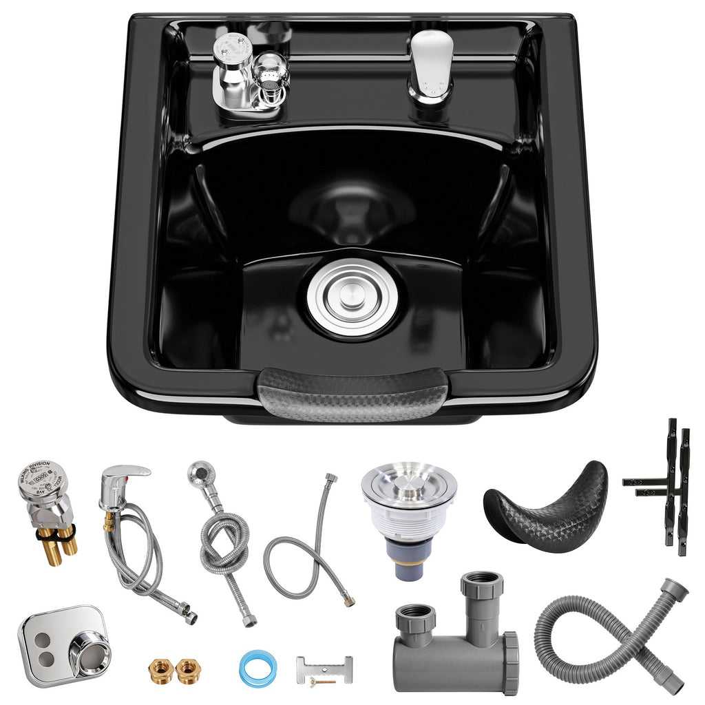 Wall Mount Shampoo Sink with Neck Rest and Accessories - Black ABS Basin