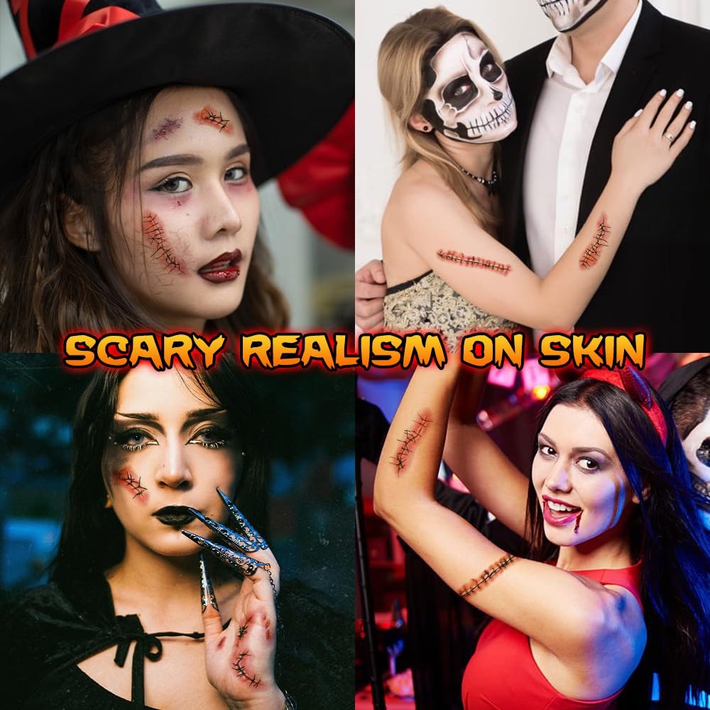 Temporary Tattoos 25 Sheets Halloween Zombie Stitches & Scars Blood Pack