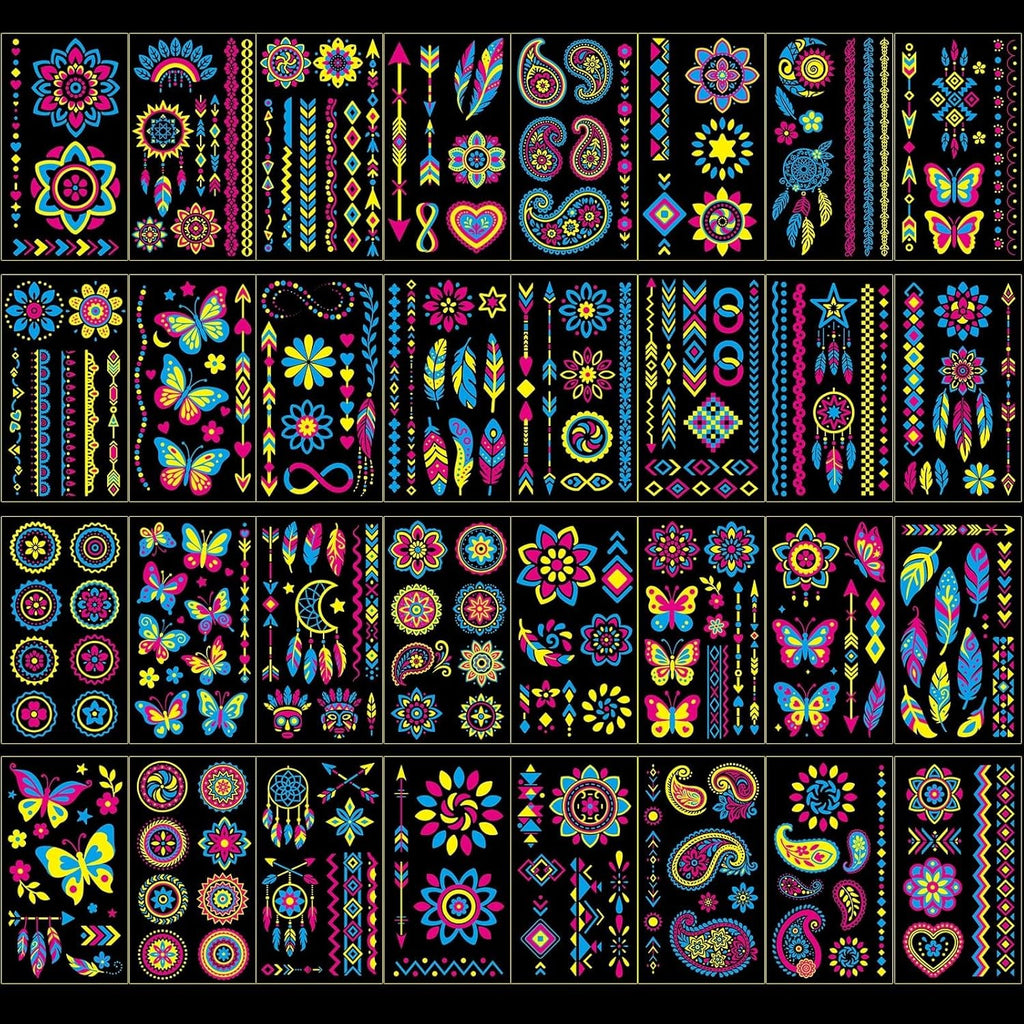Glow-in-the-Dark Temporary Tattoos – 192+ Neon UV Blacklight Body Art Sheets
