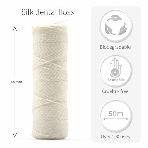 Natural Silk Dental Floss with Mint Flavor - Zero Waste Reusable Stainless Steel Dispenser, 55 Yards