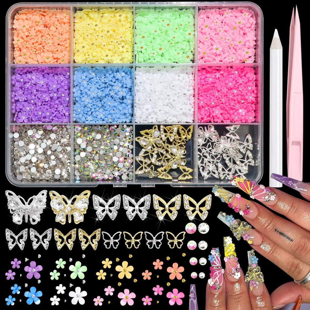 Colorful 3D Flower Nail Charms with Butterfly Accents for Nails Art