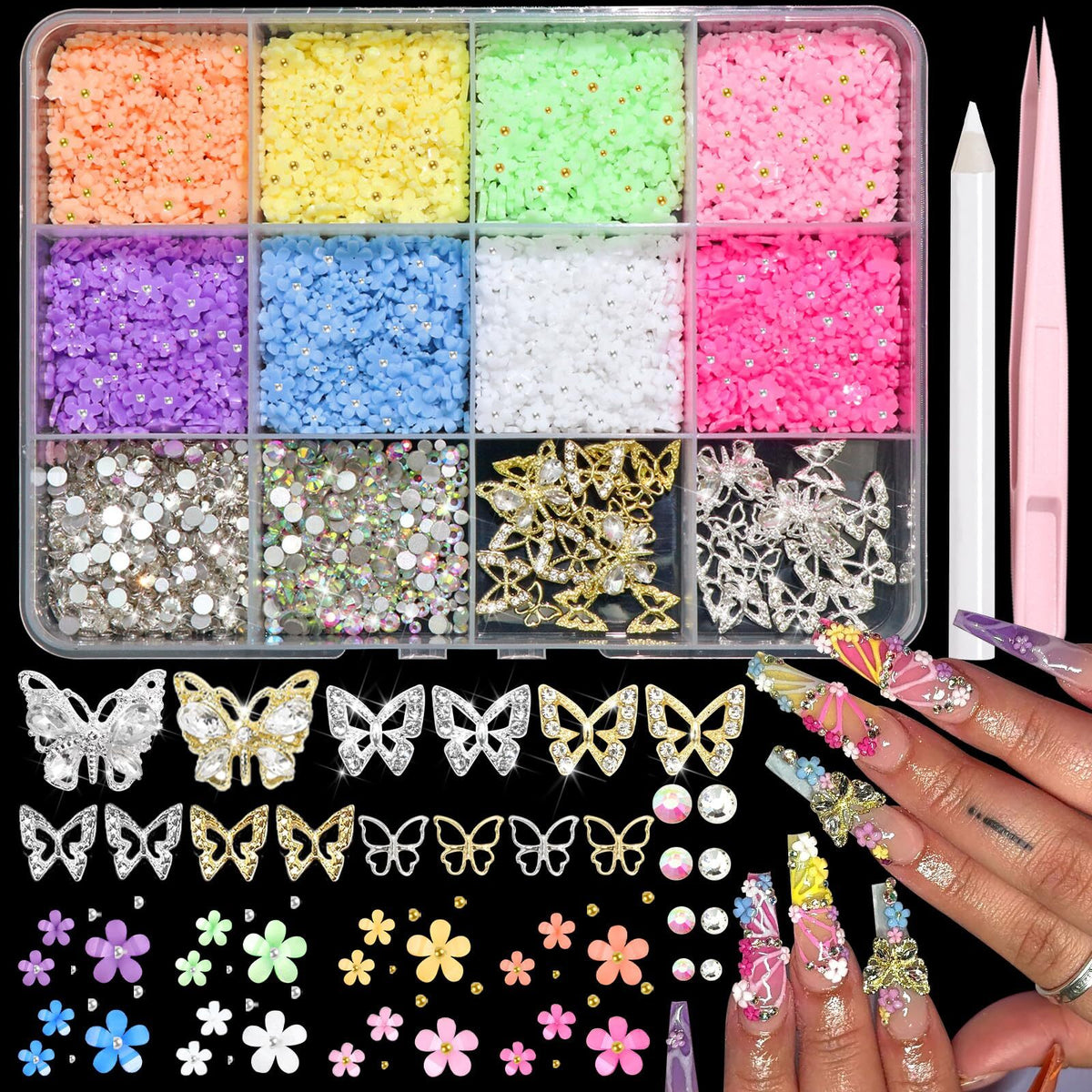 Colorful 3D Flower Nail Charms with Butterfly Accents for Nails Art