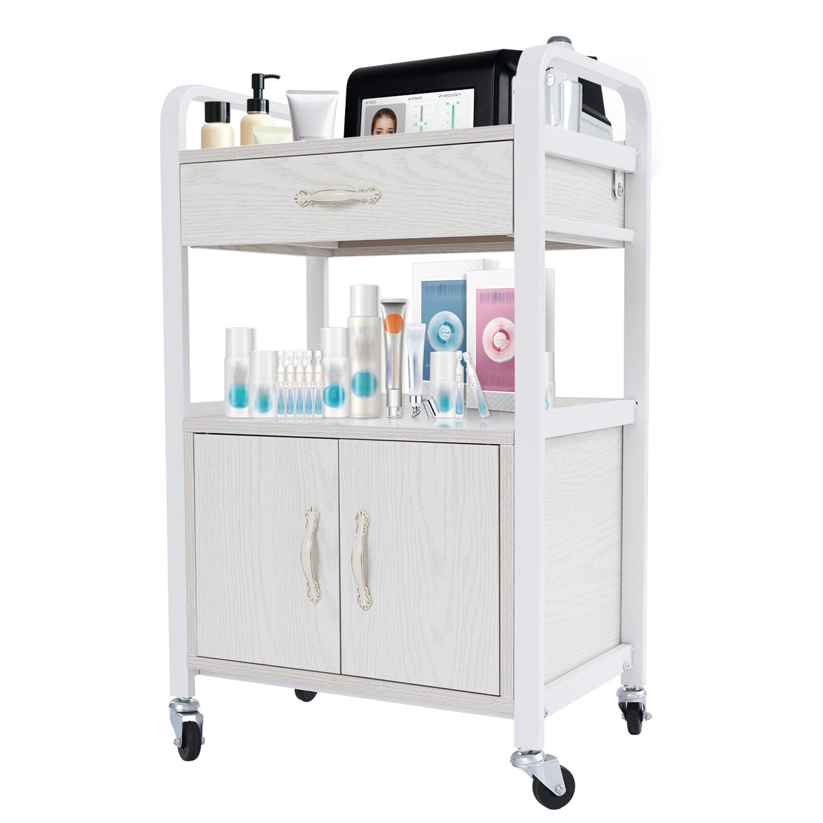 Salon Storage Cabinet with Drawer and Wheels - Movable Beauty Organizer