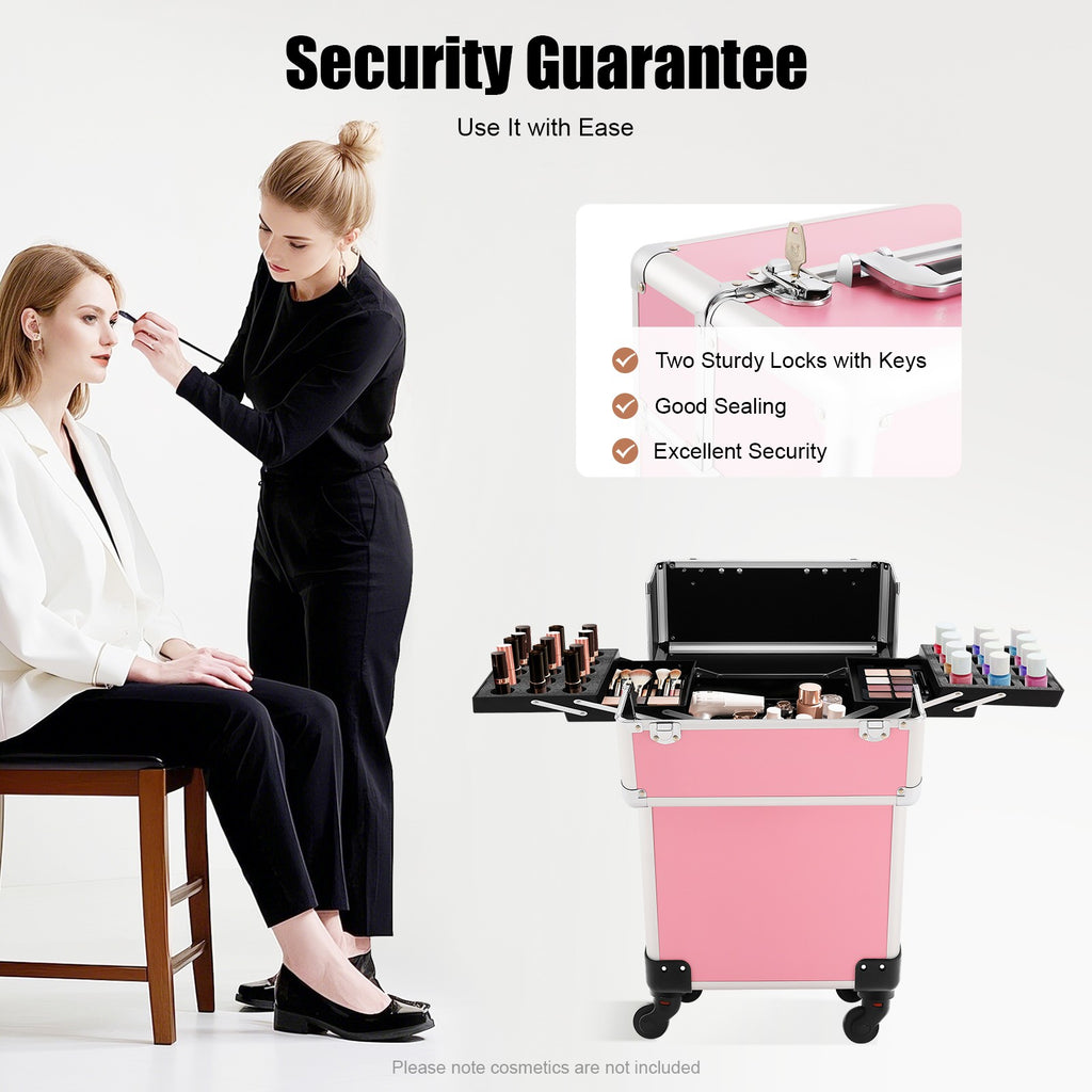 Pink Aluminum Travel Makeup Train Case with Wheels and Large Storage