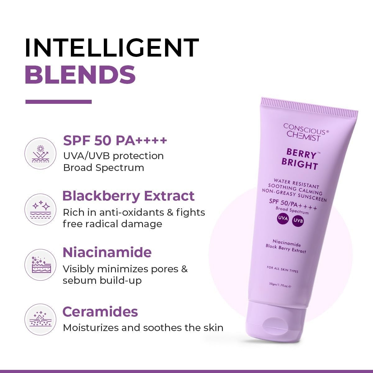 SPF 50 Sunscreen with Berry Bright & Antioxidants - Light Dewy Finish, Pore Tightening