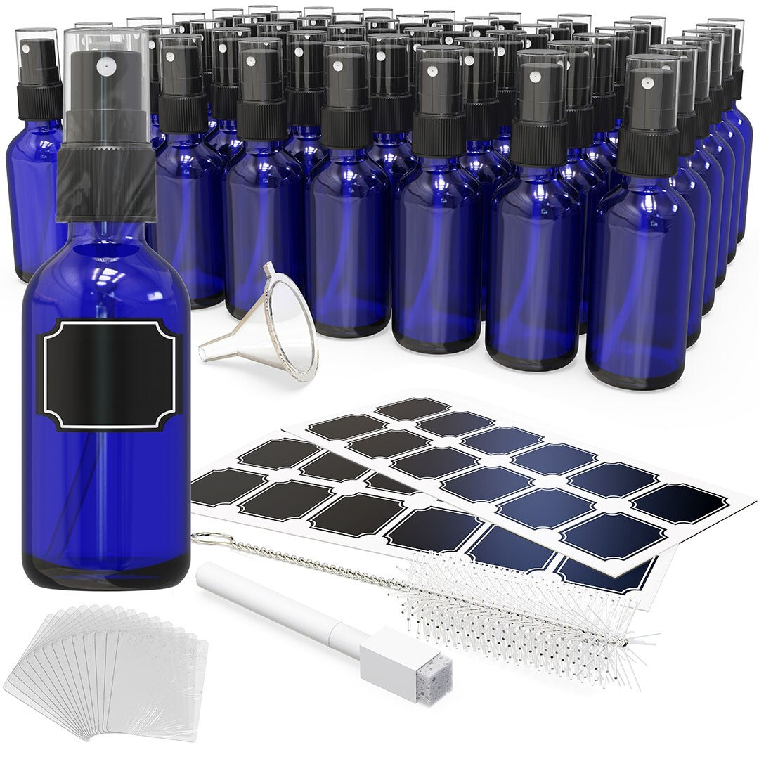 2 oz Cobalt Blue Glass Spray Bottles Set of 48 with Funnel & Labels