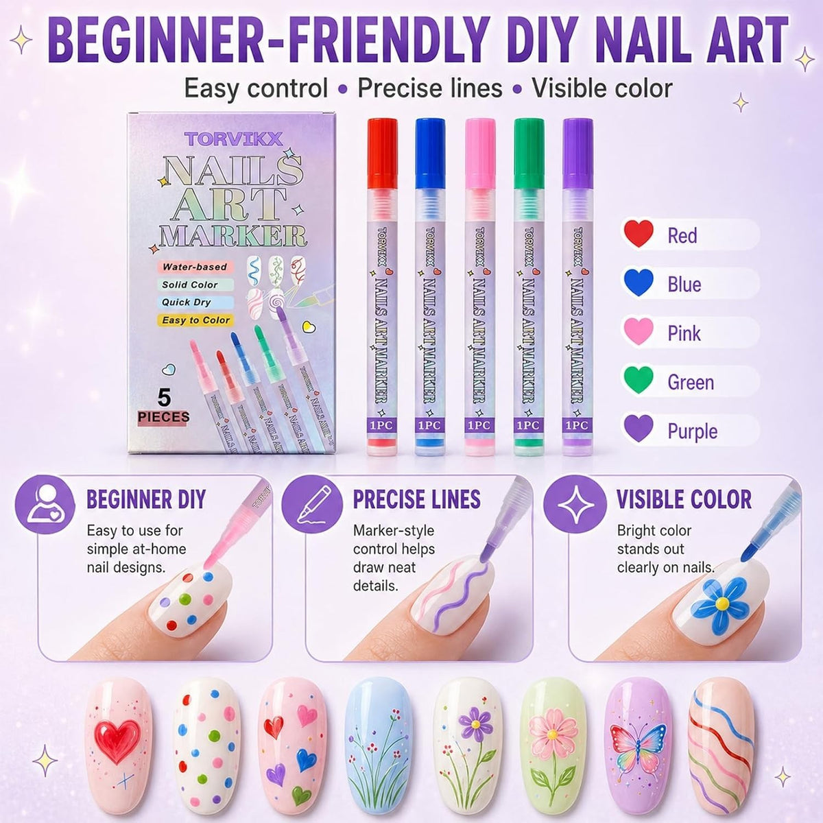 Vibrant Nail Art Pens Set for Kids & Adults - 5 Bright Colors for DIY Manicures