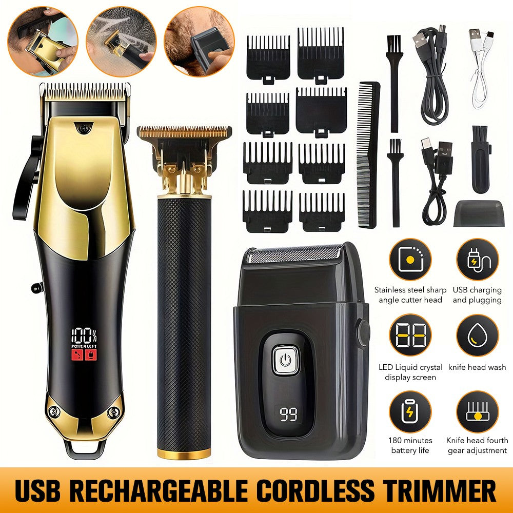 Men's Cordless Hair Cutting & Beard Trimmer Set with LED Display, 3-Piece Grooming Kit