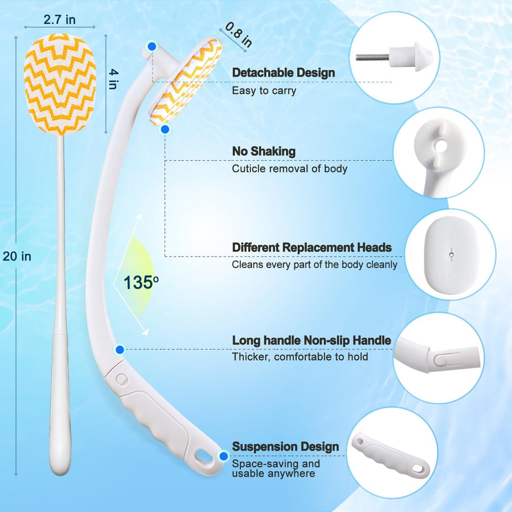 Long Handle Shower Body Brush with 3 Interchangeable Heads - Back Scrubber