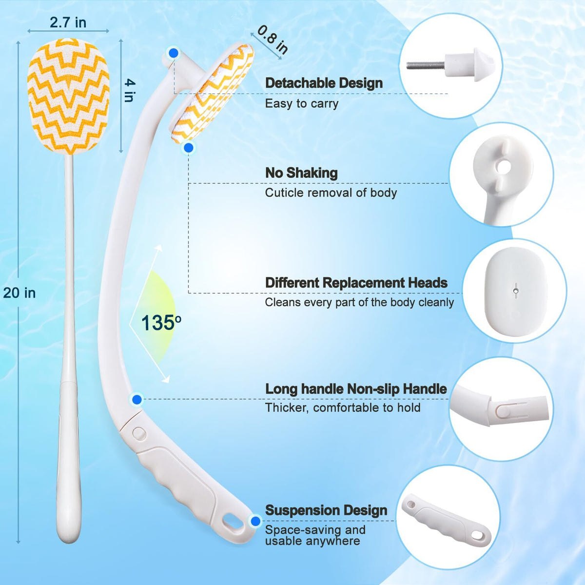 Long Handle Shower Body Brush with 3 Interchangeable Heads - Back Scrubber