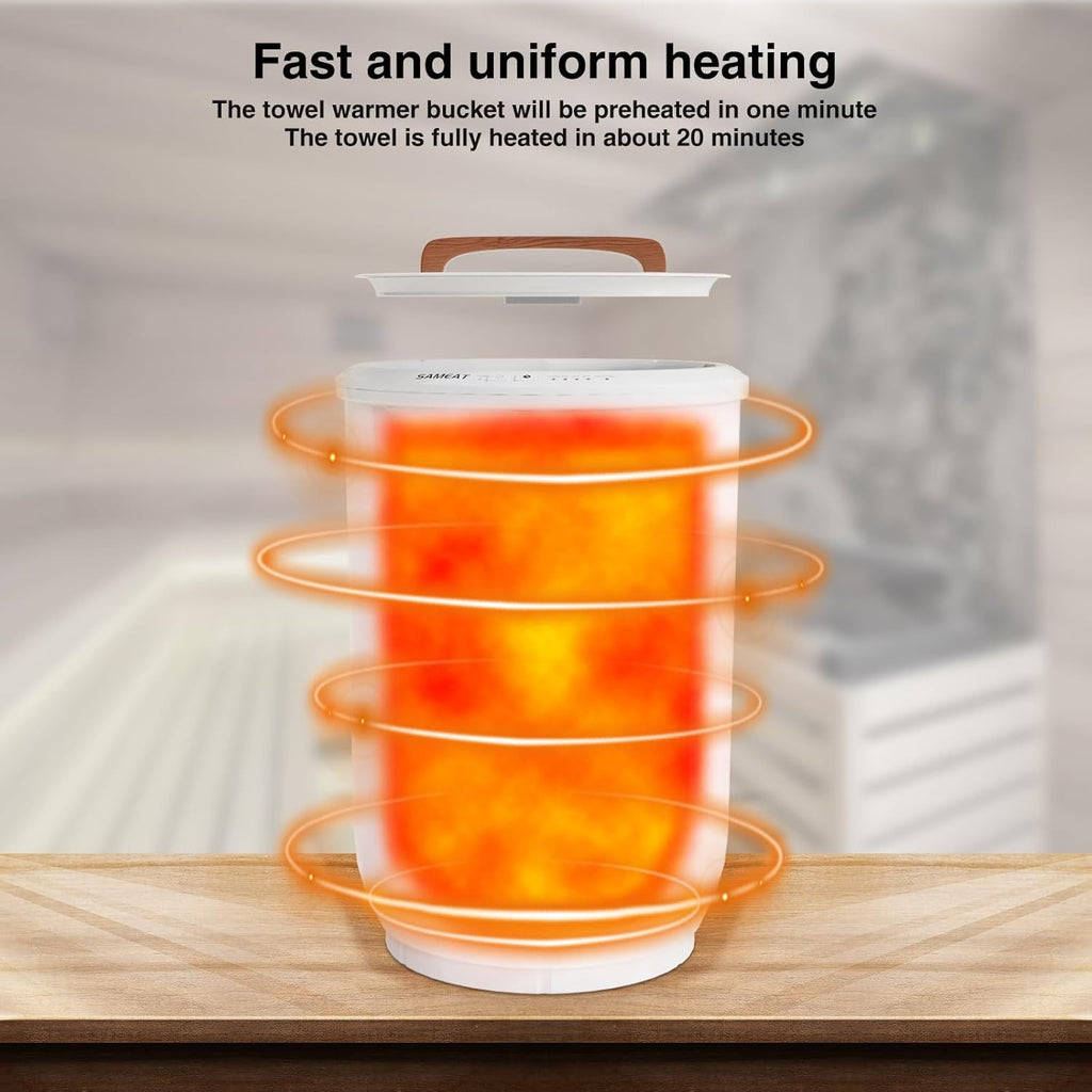 Large Heated Towel Warmer Bucket with Wooden Handle, Auto Shut-Off for Bathroom