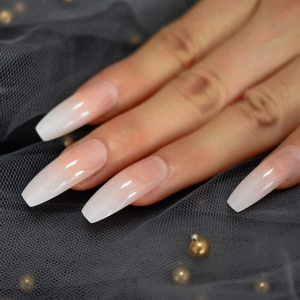 Extra Long Press On False Nails - Ombre Pink Nude White French Ballerina Tips
