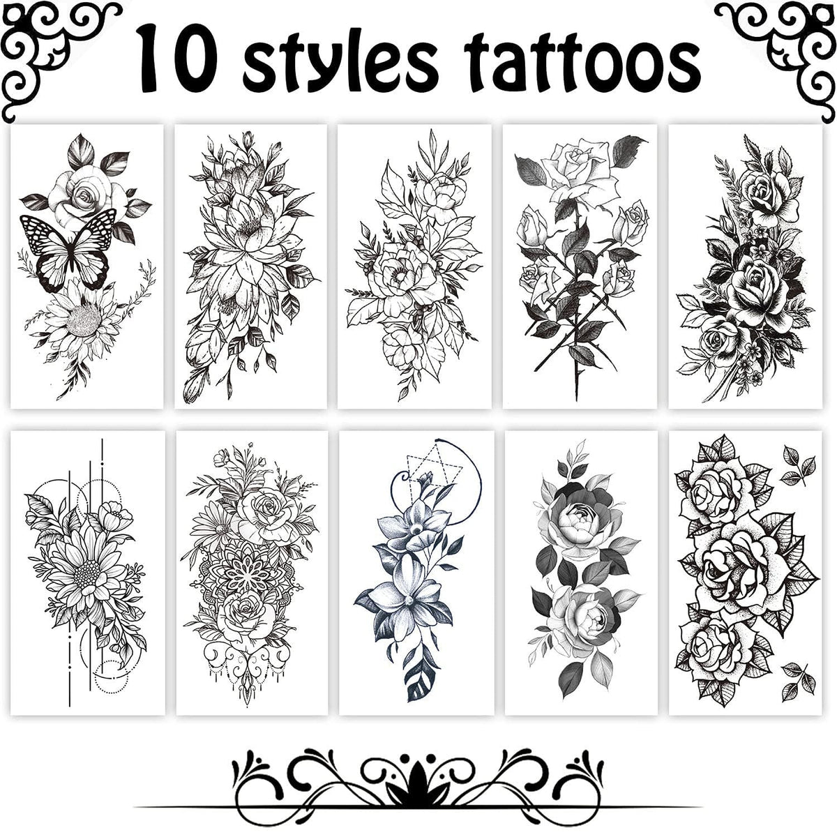Temporary Tattoos for Women - Large Flower Set, 10 Sheets, Waterproof & Long Lasting