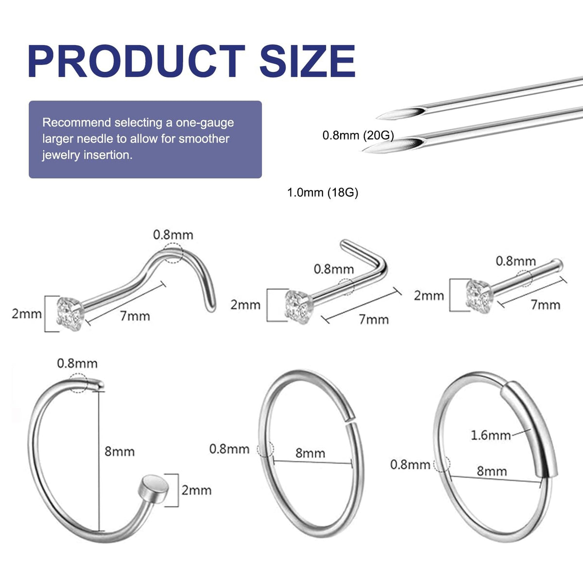 Nose Piercing Kit 20G/18G Set with Rings, Nails & Needles - Stainless Steel