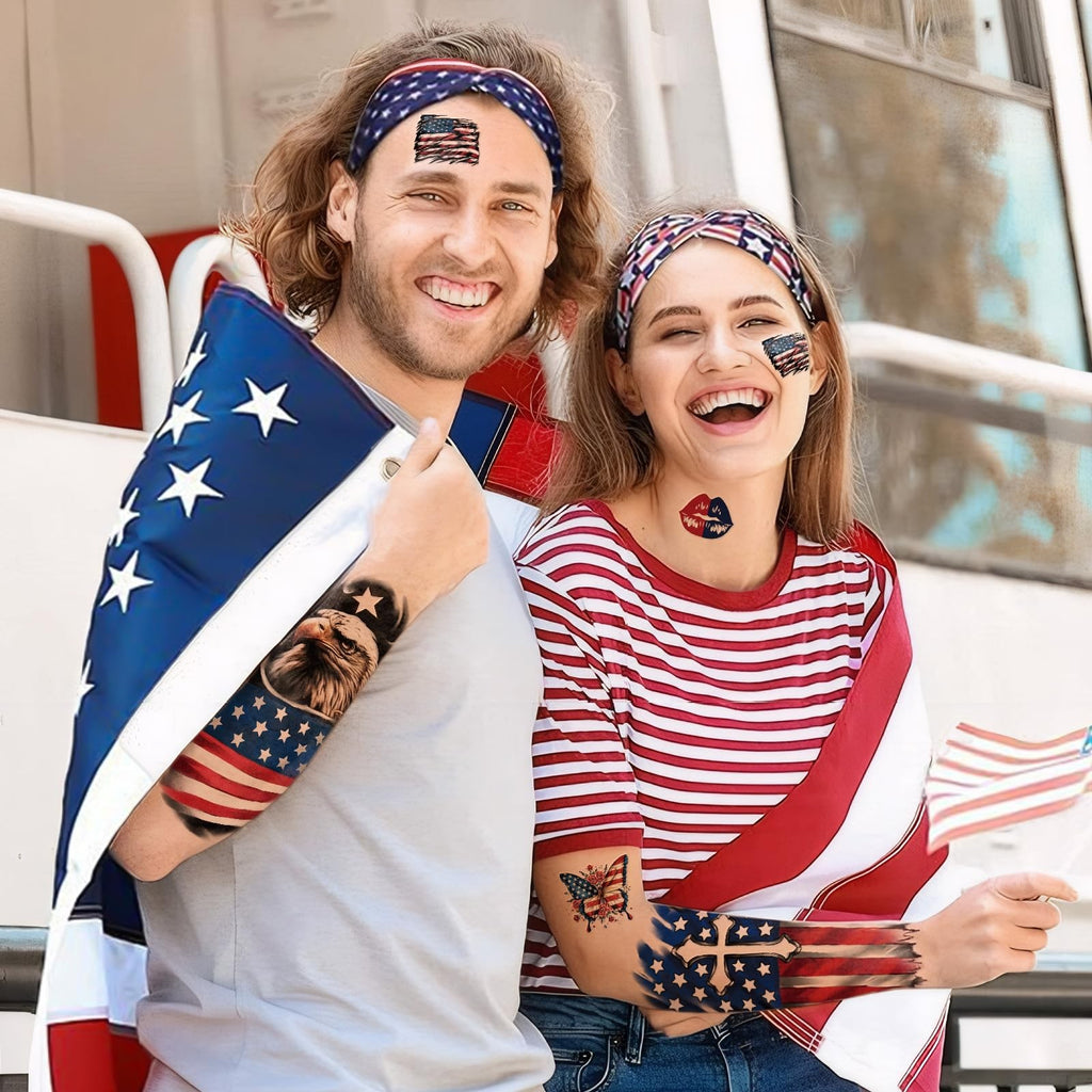 Patriotic Temporary Tattoos - 77 Sheets USA Flag & Fireworks Designs Waterproof