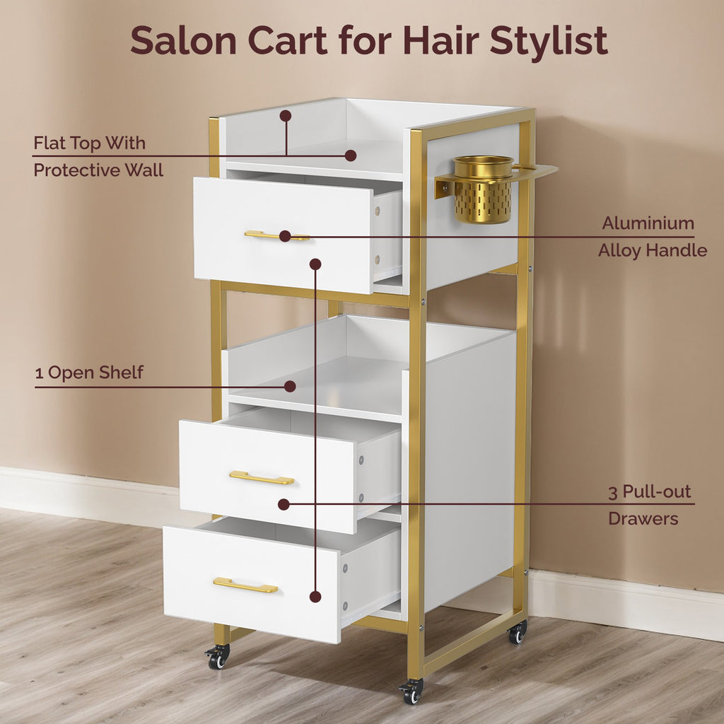 Mobile Salon Trolley Cart with 3 Drawers & Shelves for Beauty & Spa
