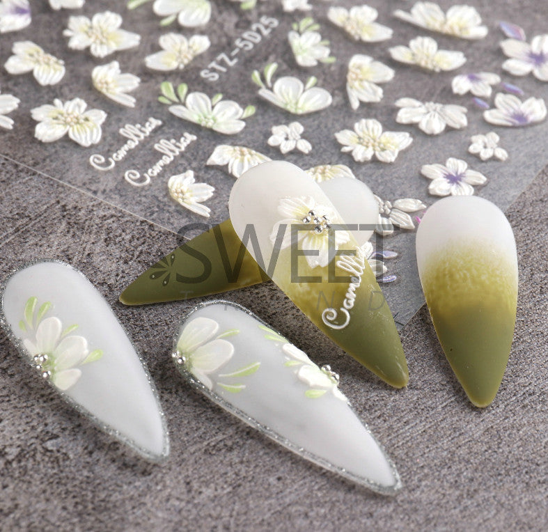 White 5D Embossed Camellia Flower Nail Decals - Manicure Stickers Set