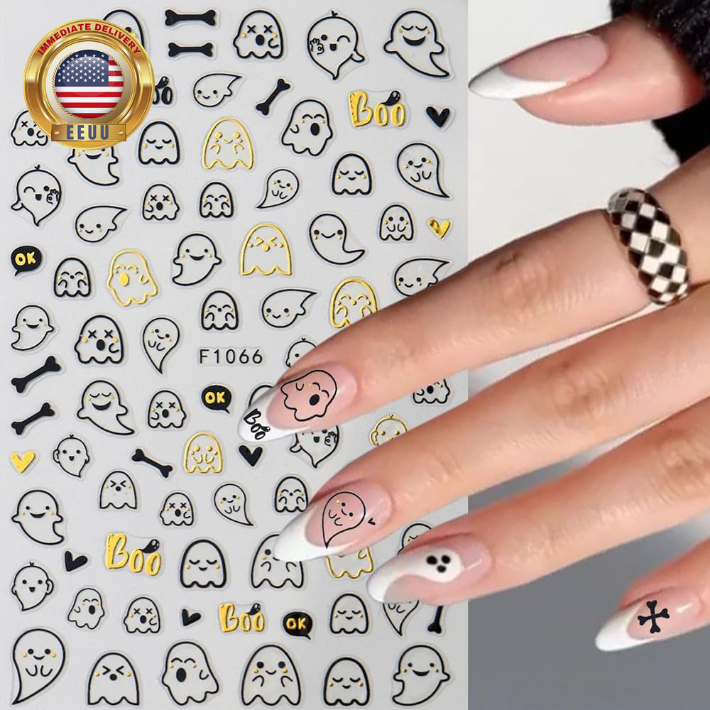 Halloween Ghost Nail Stickers - 3D Self-Adhesive Gold & Black Decals for Nail Art