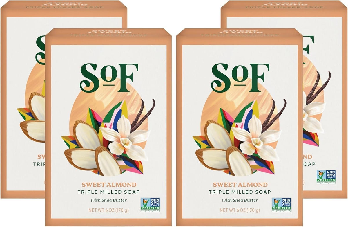 Vegan Triple Milled Bar Soap with Shea Butter & Sweet Almond - 6 oz x4