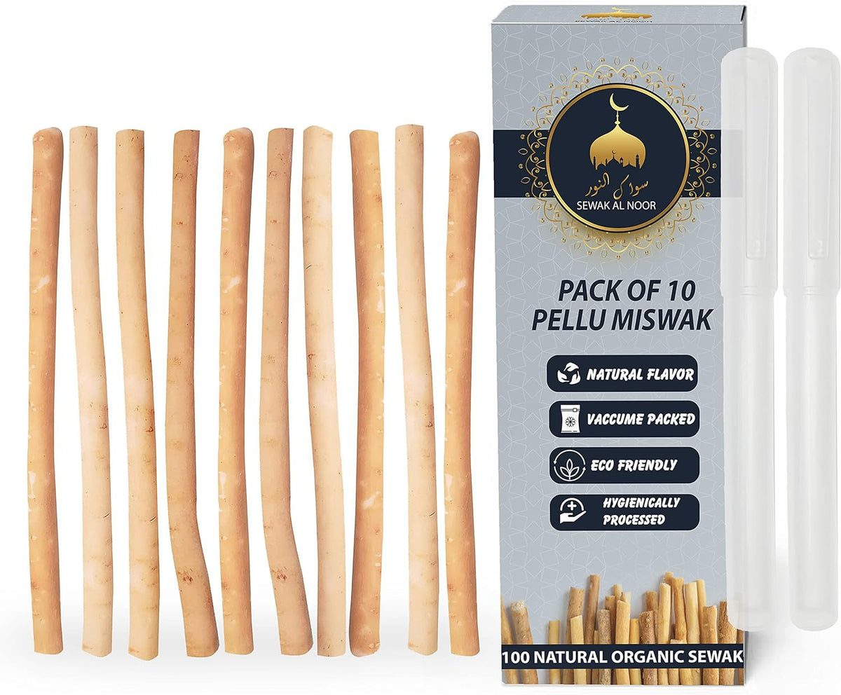 Natural Miswak Tooth Sticks Pack of 10 with Holders - Herbal Teeth Cleaning