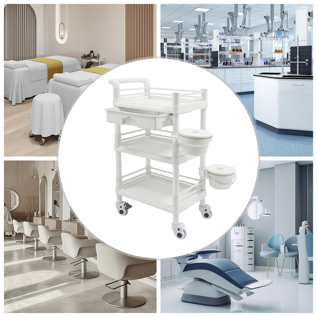 Salon Mobile Storage Cart with 3 Shelves and 2 Garbage Bins - White